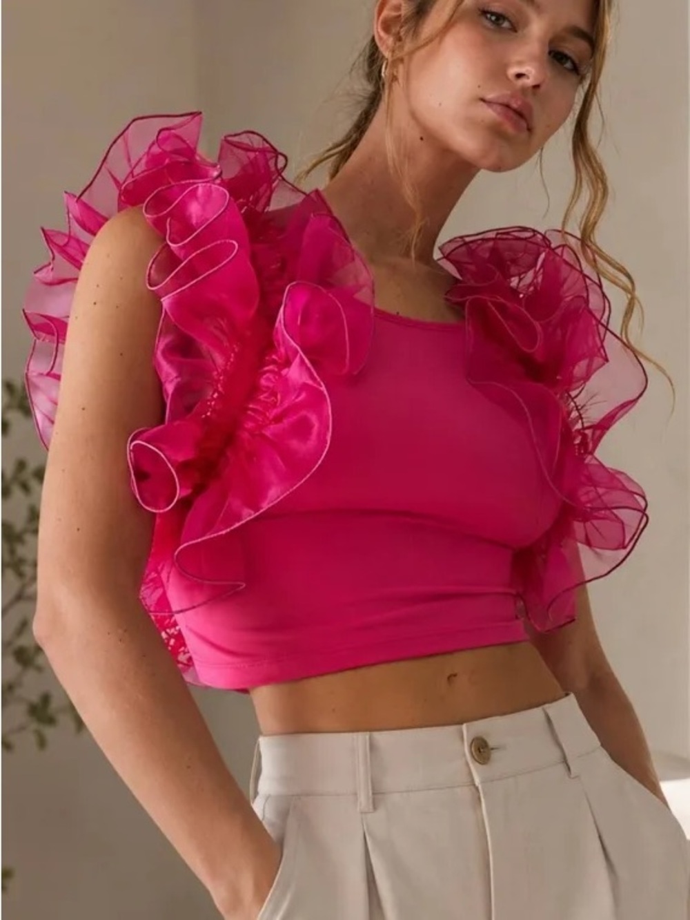 Free People Fuchsia Ruffled Organza Crop Top